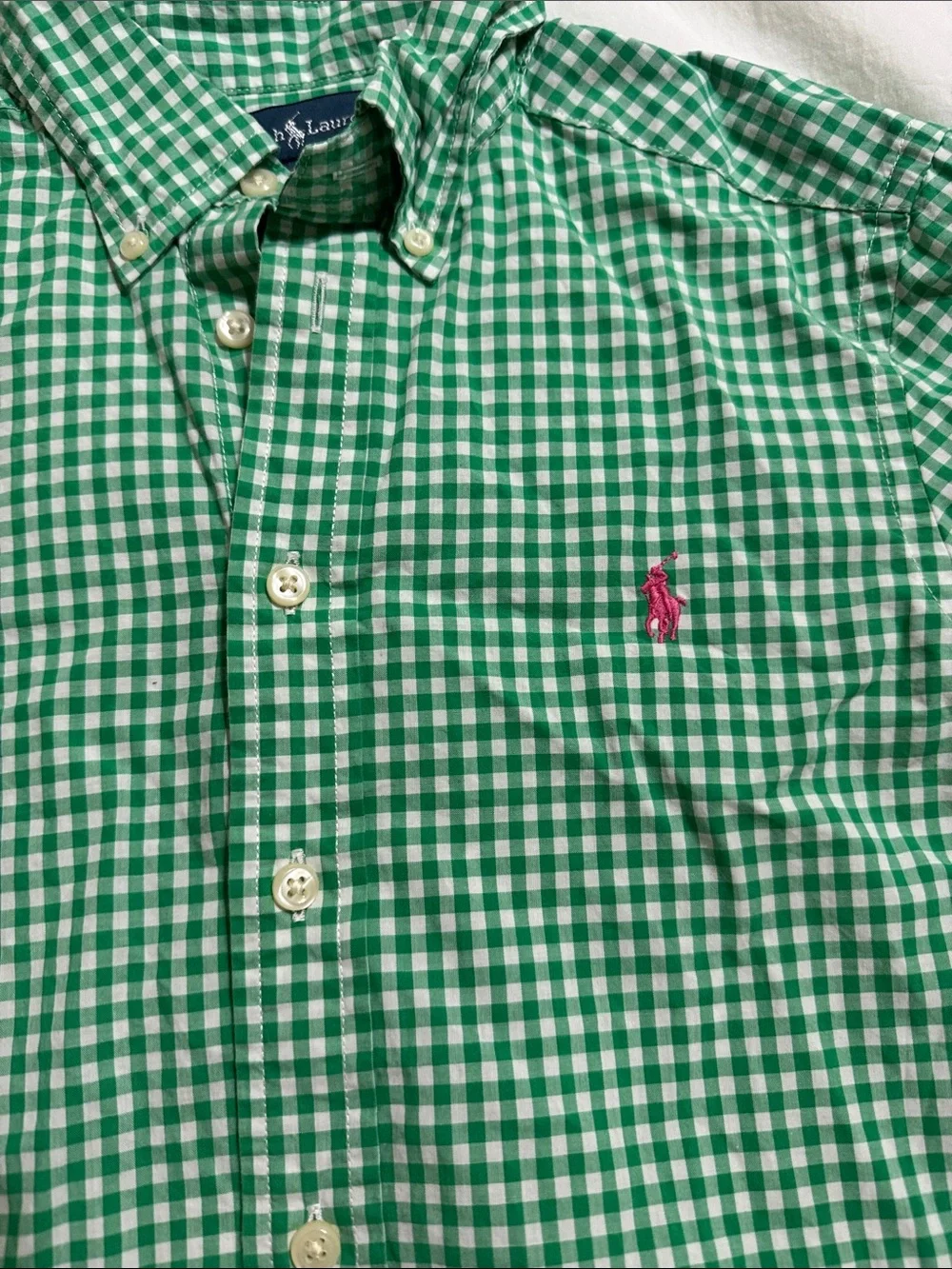 Ralph Lauren Green Gingham Button-Down Shirt with Pink Pony